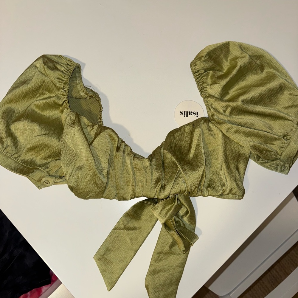 Green Puff Sleeve Satin Crop Top
